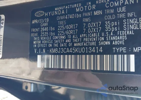 2019 Hyundai Tucson Value из США, поврежденный, VIN KM8J3CA45KU013414